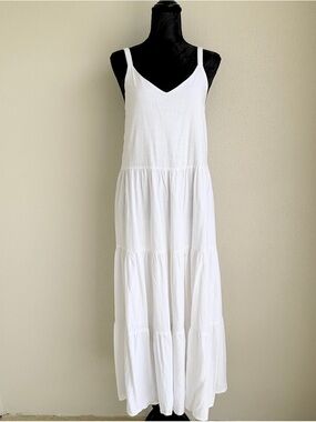 Splendid White Viscose Linen Tiered Maxi Dress Small Adjustable‎ Straps Boho